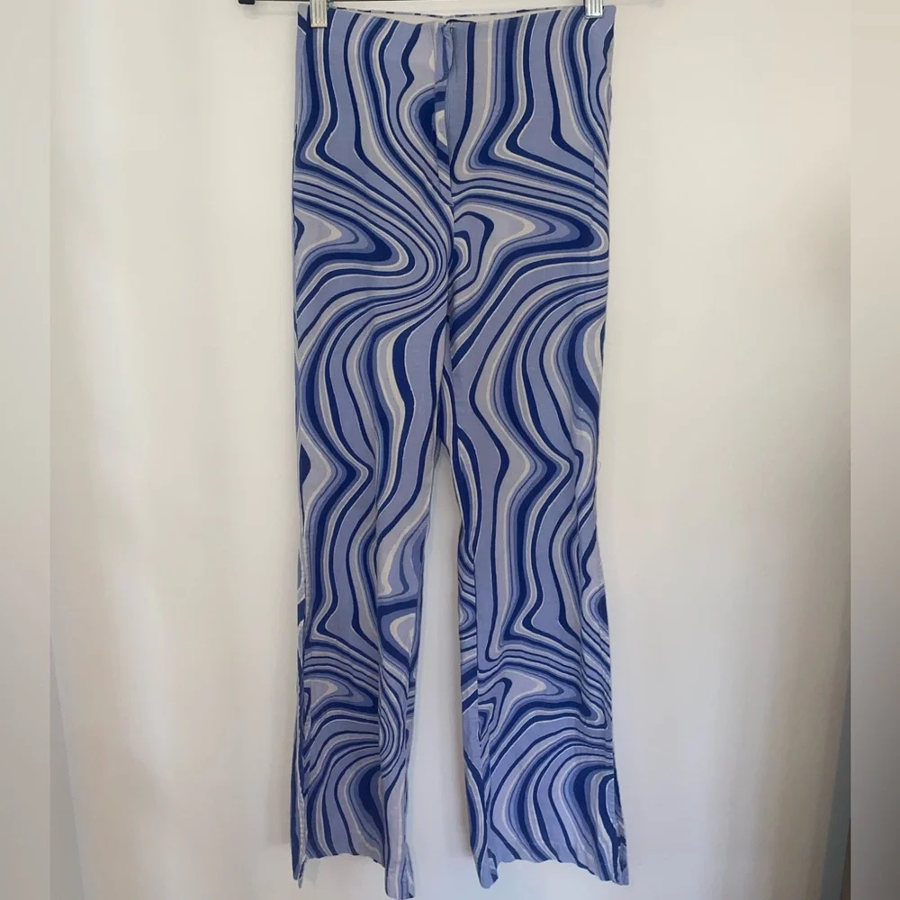 Zara Blue & White Psychedelics Swirl Flare Linen Pants, sz Small